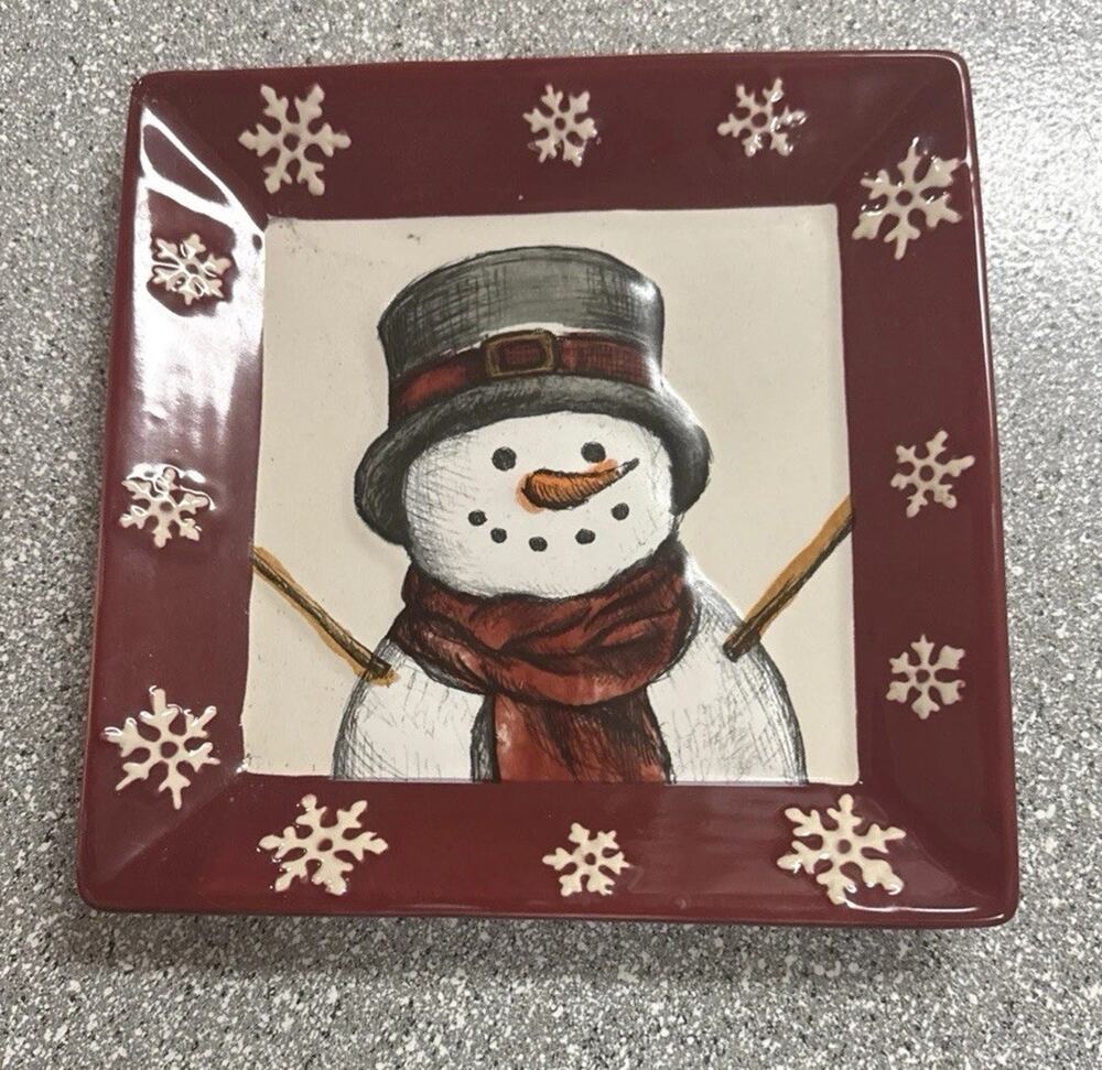 St Nicholas Square YULETIDE Snowman Plate Platter 8.5” Holiday Christmas